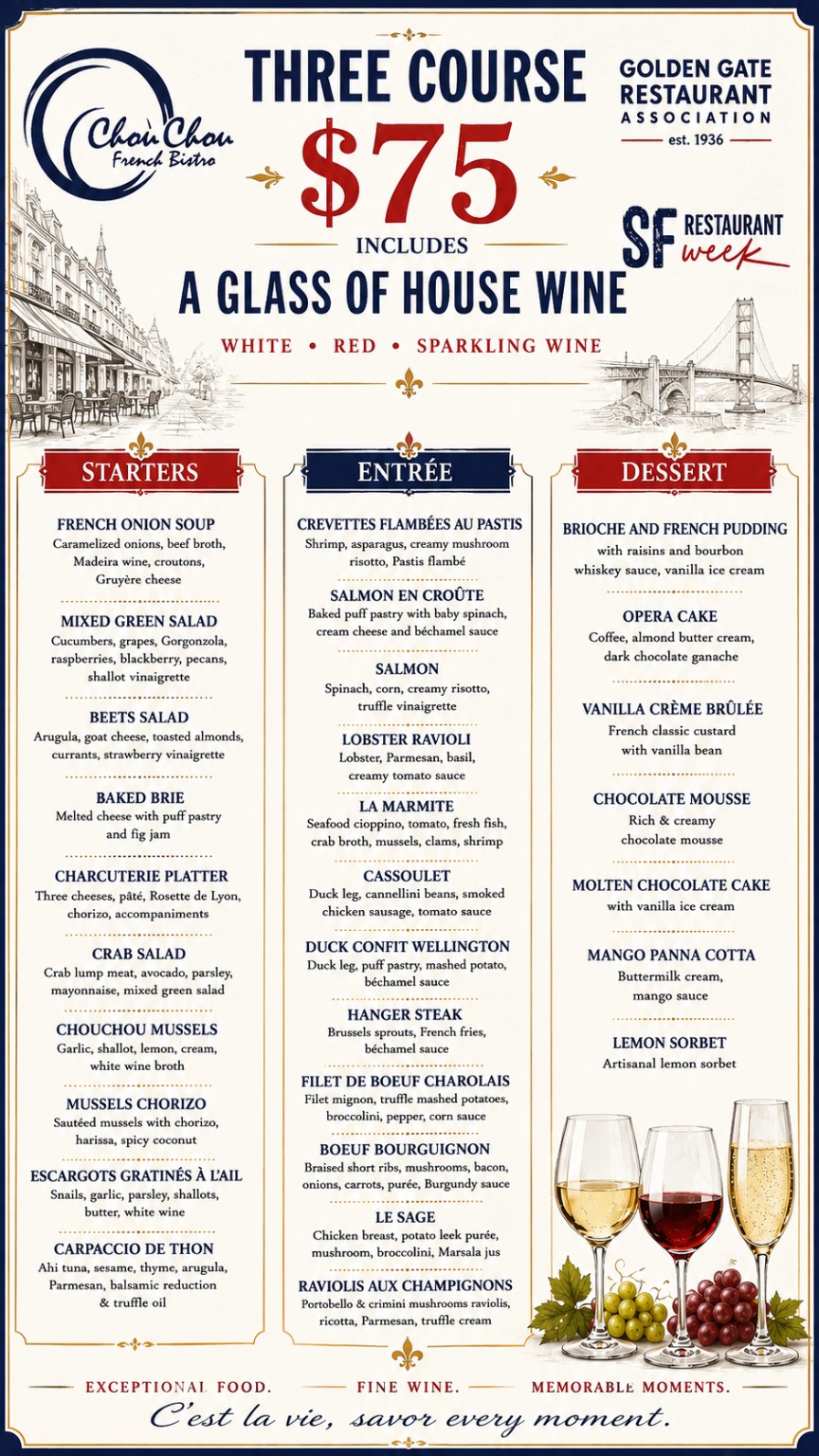 Chouchou San Francisco Restaurant Week menu: three courses for $75 including a glass of house wine